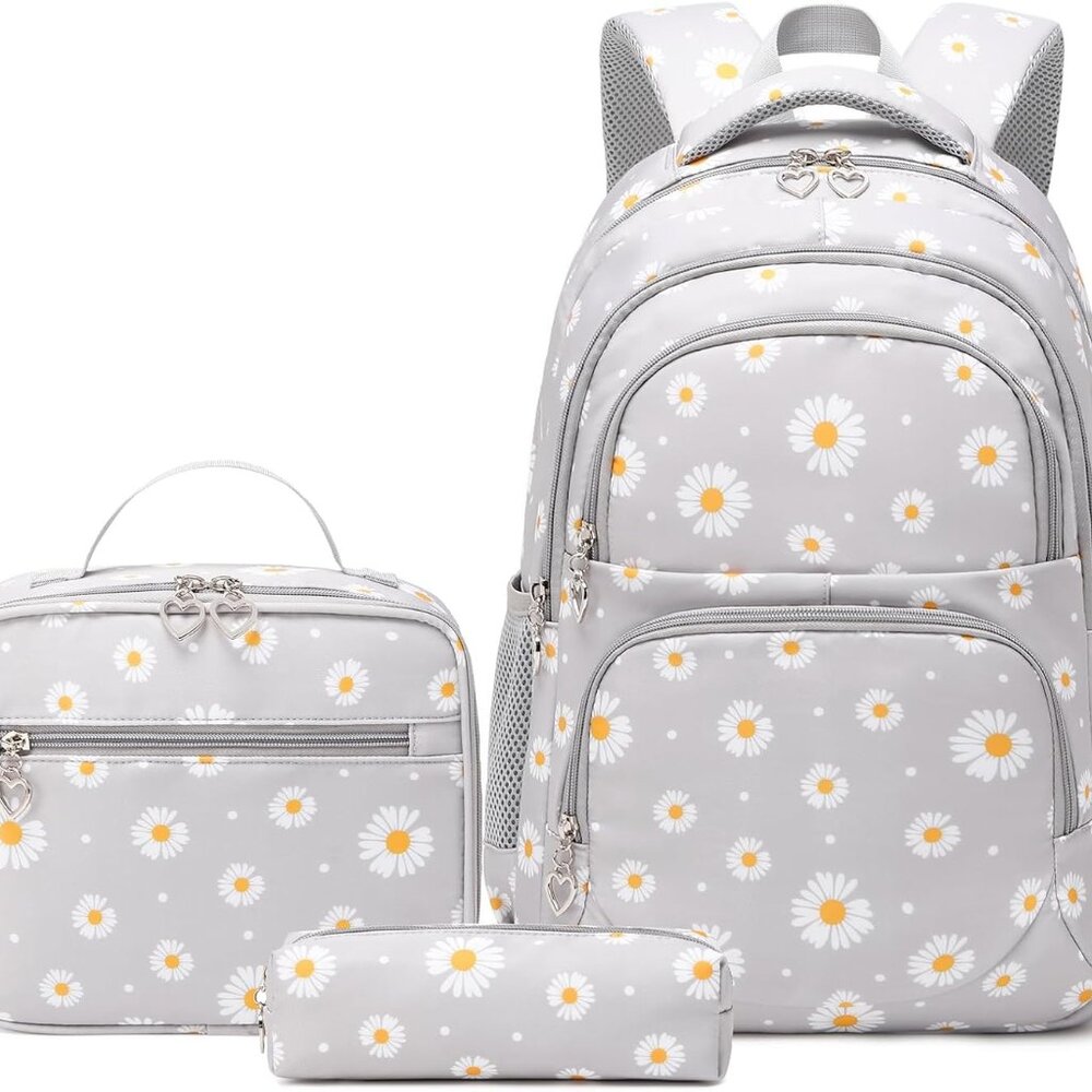 Createy Girls Daisy Backpack, Lunch Box, Pencil Case 3Pcs Gray